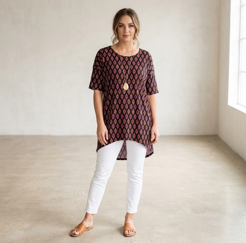 LuLaRoe Irma Tunic Top XL NWT Black Pink Orange Geometric Triangle Print